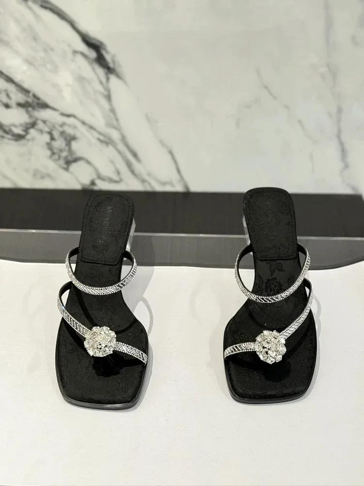 2025 Fashion summer women's sandals outdoor crystal open-toe shoes thick heel elegant and comfortable slippers beach flip-flops
