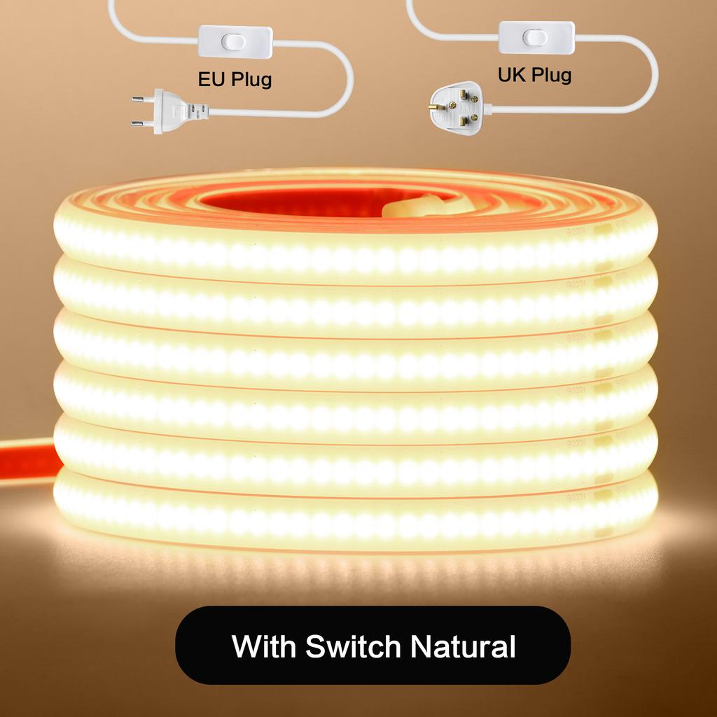 Hohe Helligkeit 220V 230V COB Streifen Wasserdicht Mit/Ohne Schalter Stecker 288 LEDs/M Weiß Natur Warm Flexibles Band LED Licht Heimdekoration