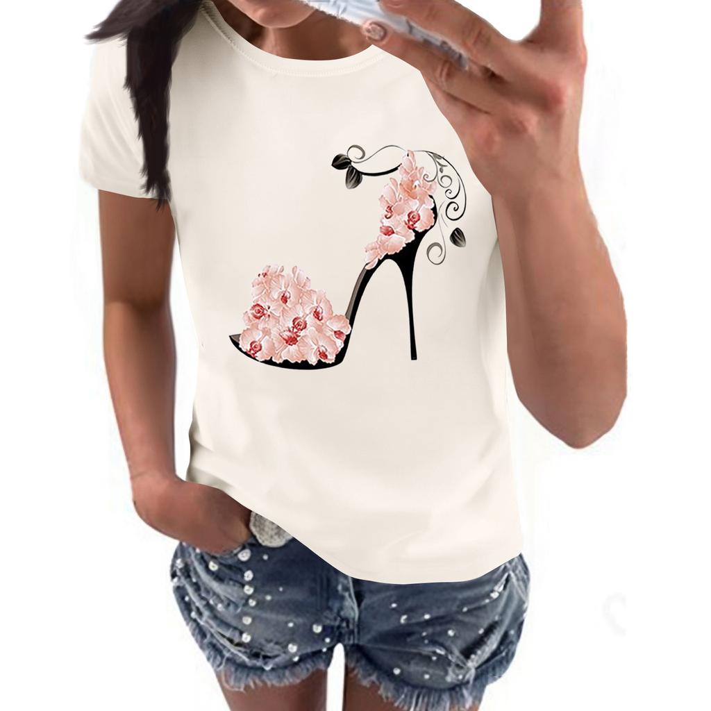 Women's Casual High Heels Floral Print Casual Short-sleeved T-shirt Pullover Round Neck Short-sleeved Top