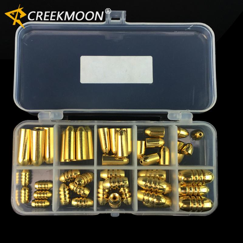 50Pcs/Set Copper Bullet Weights Fishing Sinkers In Plastic Fishing Accessories Tackle Box 1.8g/3.5g/5g/7g/10g