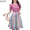 ZANZEA Women Casual Round Neck Short Sleeve Print Patchwork Dress