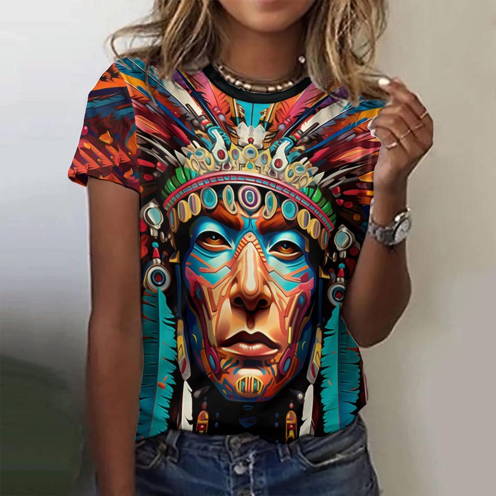 Camiseta feminina de verão, camiseta indiana Harajuku casual de manga curta, moda urbana, gola redonda, pulôver, roupas femininas grandes