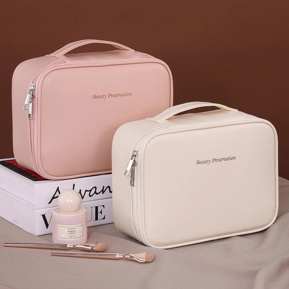 Women PU Leather Double Layer Travel Makeup Wash Clear Cosmetic Bag With Zipper Multi-Compartment Waterproof Toiletry Organizer