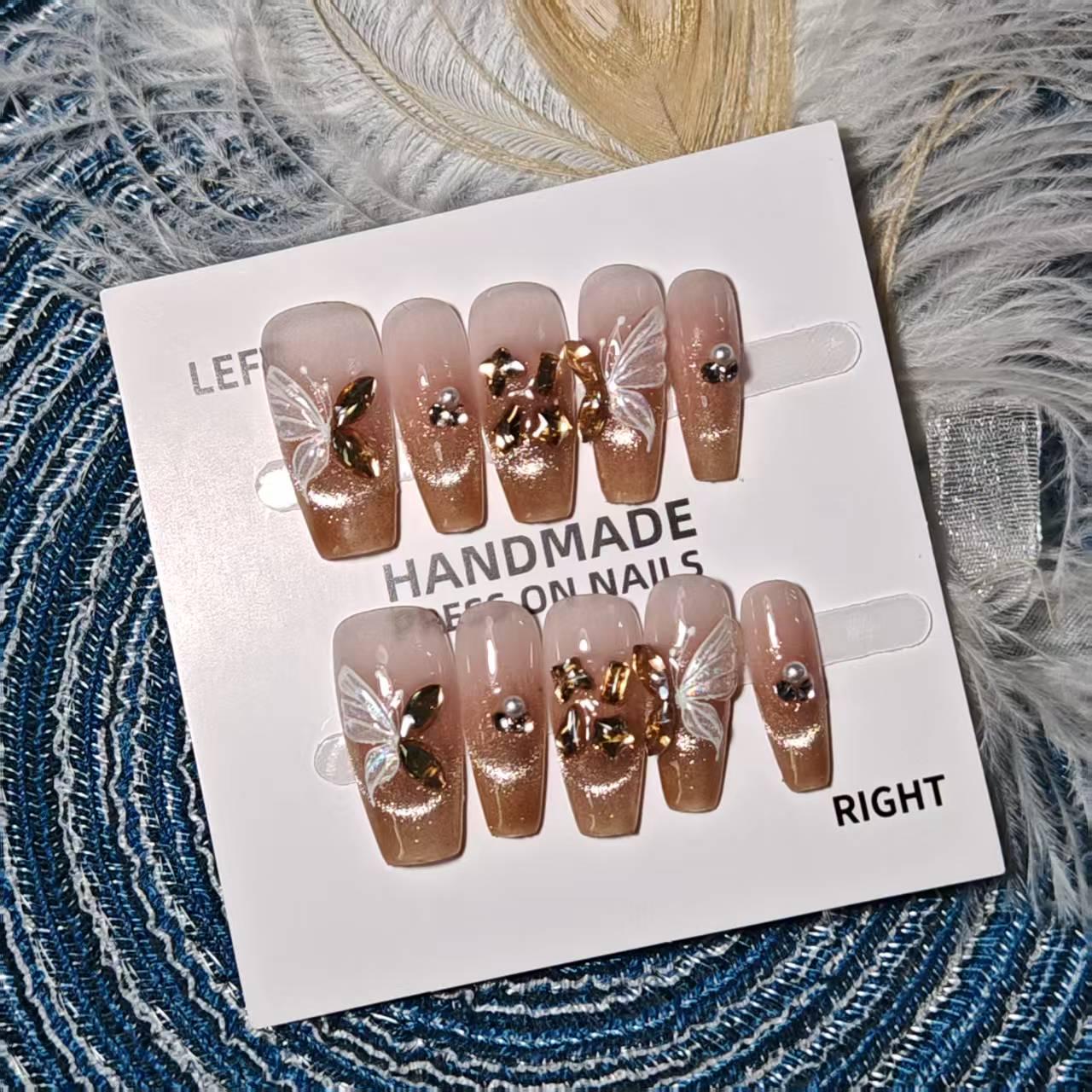 

Gold Glitter Butterfly Crystal Cat Eye Handmade Wearable False Nail Patches M