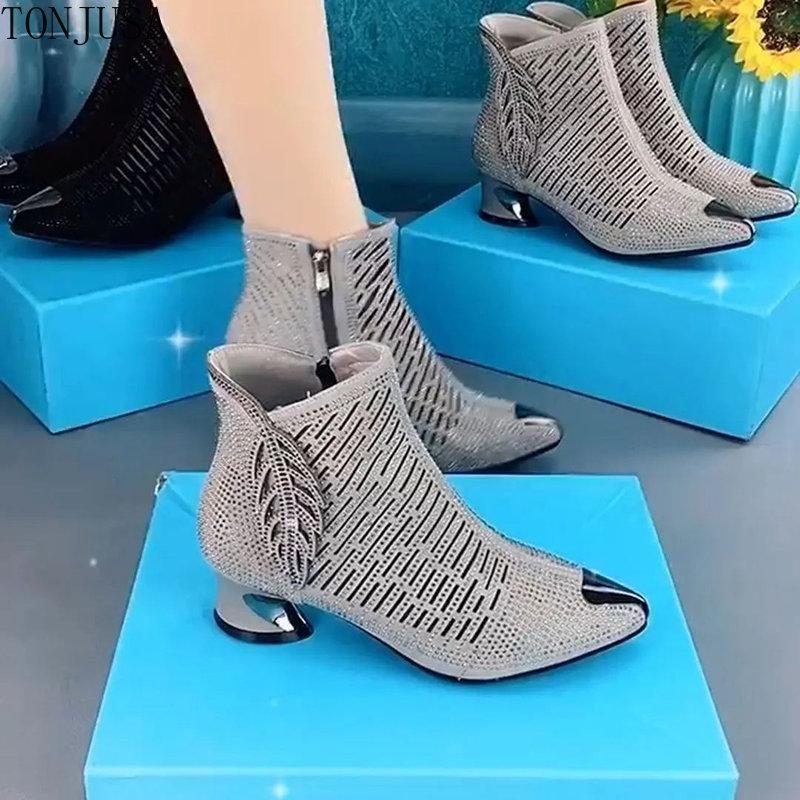 Sexy All-match Rhinestone Fashion Shoes Women Thick-heeled Mid-heel Pointed Toe Side Zipper Sandals Women's