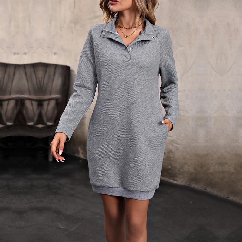 YYFS Women's Fashion Autumn Winter Solid Color Print Long Sleeve Stand-collar Sweaters Casual Dresses