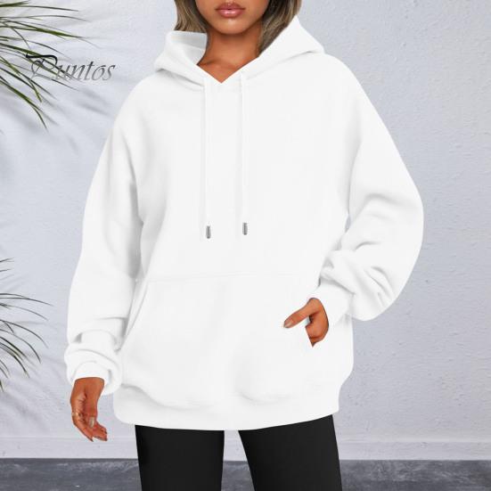 Kapuzenpullover für Damen, Herbst/Winter, dicke Kapuze, lange Ärmel, große Tasche, Übergröße, mittellang, einfarbig, locker, elastische Bündchen, Kordelzug, Sport-Oberteil