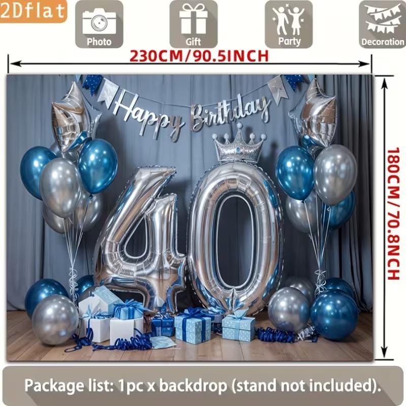 2D Blue Silver 40th Birthday Photography Backdrop Crown & Balloon Party Background