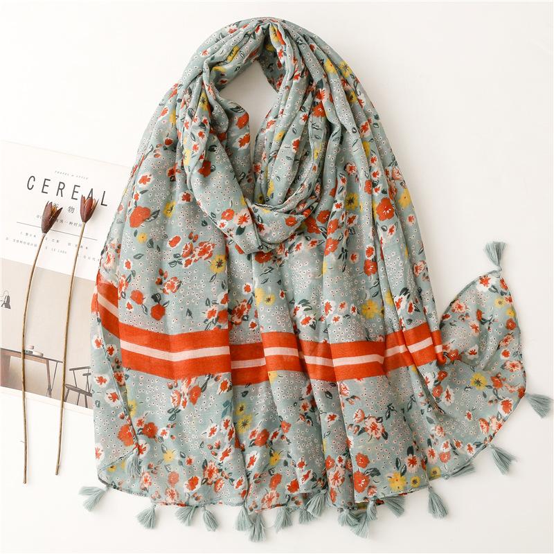 Spain Lovely Polka Floral Line Tassel Viscose Shawl Scarf Lady High Quality Wrap Thin Pashmina Stole Muslim Hijab 180*90Cm