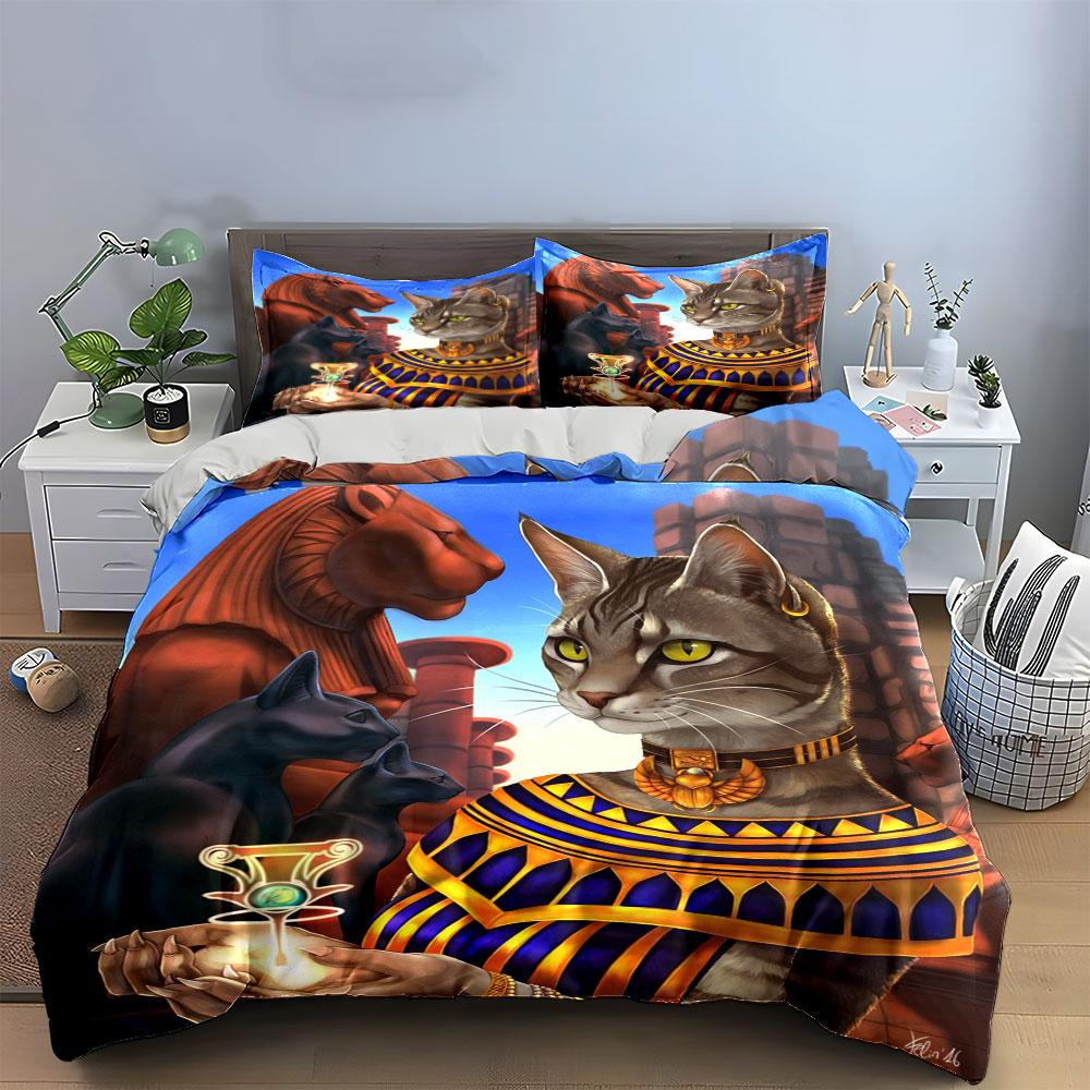 3Pcs Egyptian Bastet Cat Goddess Bedding Set, Ancient Egypt Pharaoh Cat Print Duvet Cover, Duvet Cover + 2 Pillowcases, Gifts