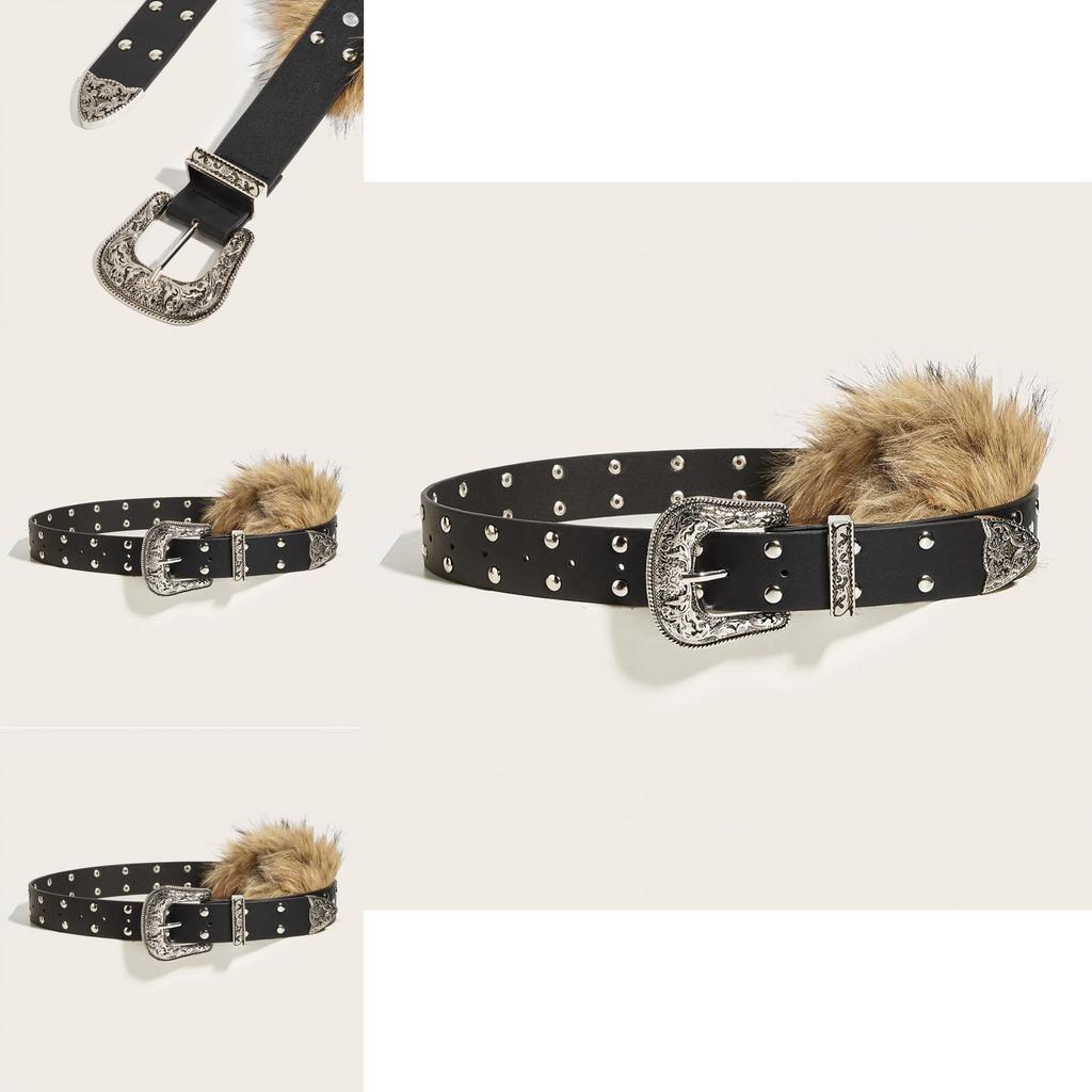 Statement Pu Leather Belt Artificial Fur Design And Carved Needle Buckle For Modern Street Fashion