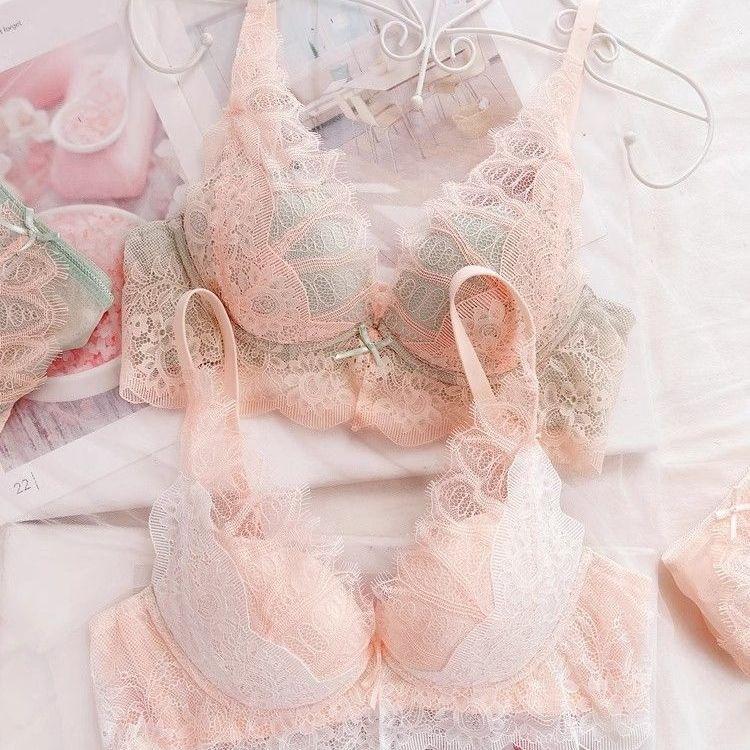 Underwear Women's Small Breasts Gather Autumn and Winter Thickened Rimless Lace Bra Set To Close Sub-breasts Anti-sagging Internet Celebrity Bra