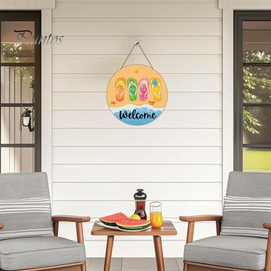 Tropical Wall Decor Hello Summer Door Sign, Ice Pop Flip Flop Welcome Hanger, Coastal Hanger Farmhouse Hanging Wooden Wreath for Front Home