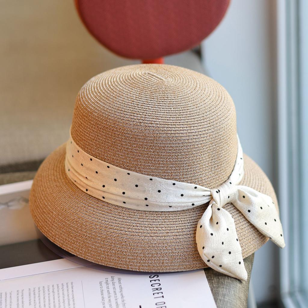 French polka dot bow temperament top hat summer sweet versatile vacation wind sunscreen lampshade basin hat women