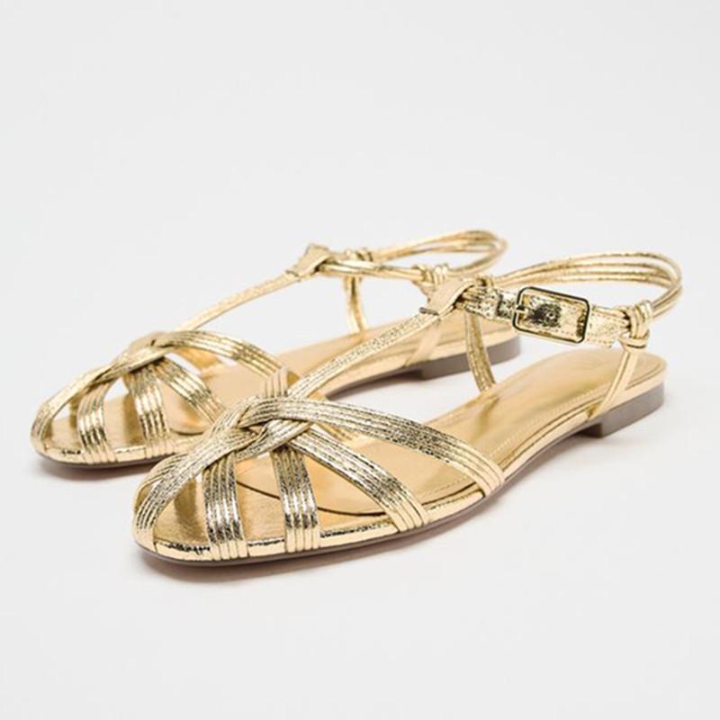 Fashion Luxury Gold Flat Sandals Women Summer Hollow Design Gladiator Sandals Comfortable Ankle Strap Casual Beach Shoes Mules Sandalias