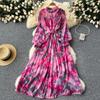 French Vintage Print Chiffon Dress Women Bow Lace-up Lantern Sleeve Elegant Loose Casual Evening Holiday Dresses
