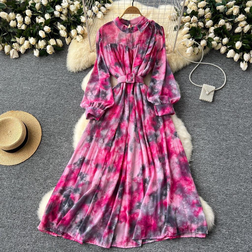 French Vintage Print Chiffon Dress Women Bow Lace-up Lantern Sleeve Elegant Loose Casual Evening Holiday Dresses