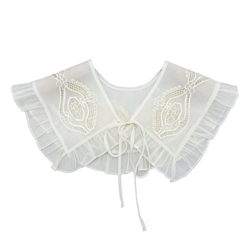 Royal Style Cotton Fake Collar Shawl Wrap Hollow Out Floral Lace Ruffled Trim Necklace Pointed  Lapel Blouse Dropshipping