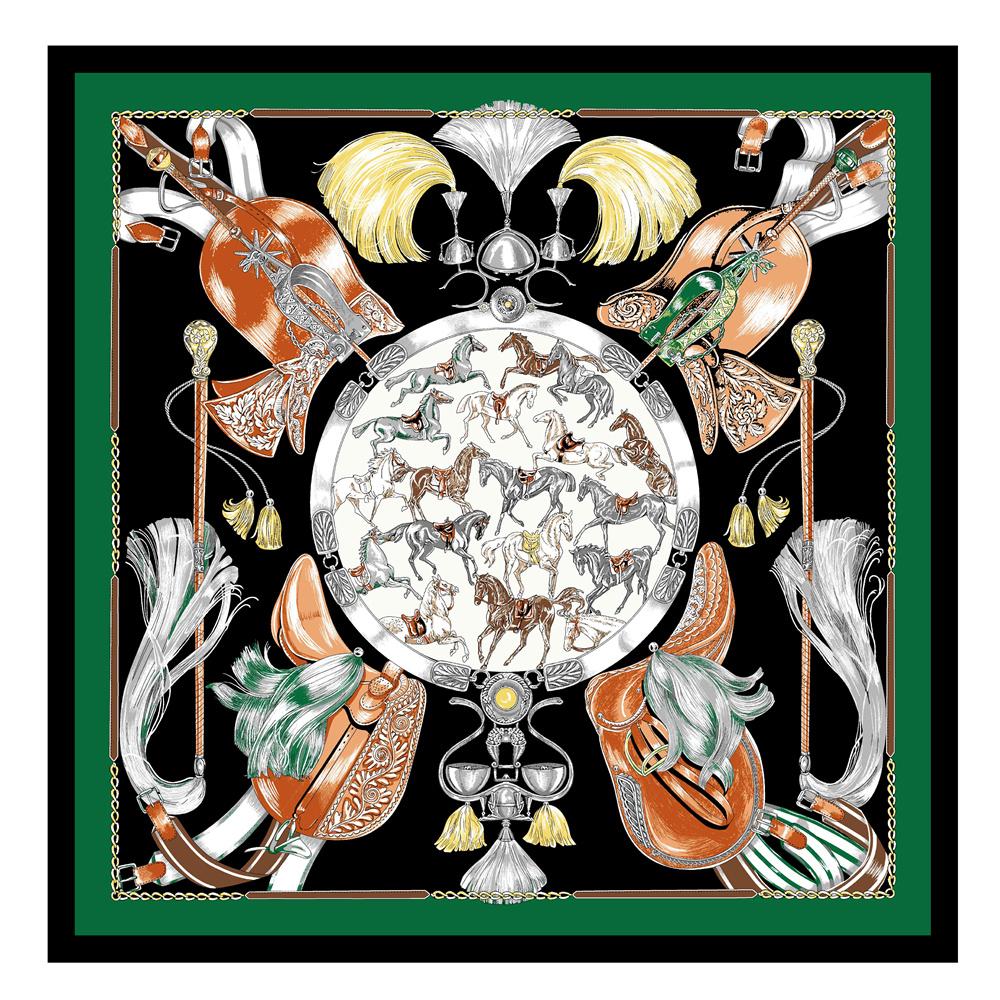 POBING Silk Scarf Women Large Shawls Spain Horse Square Scarves Wraps Bandana Luxury Kerchief Hijab Scarf Female Foulards 130CM