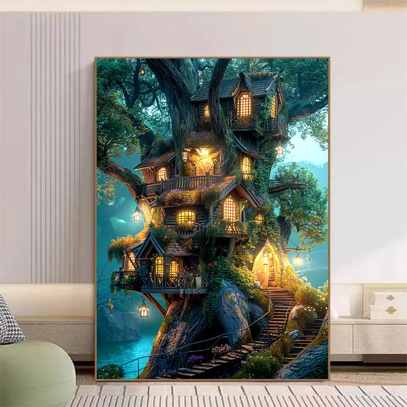 5d DIY Diamond Painting Cross Stitch Tree House Scenery Diamond Embroidery Mosaic Full Round Drill Home Decor