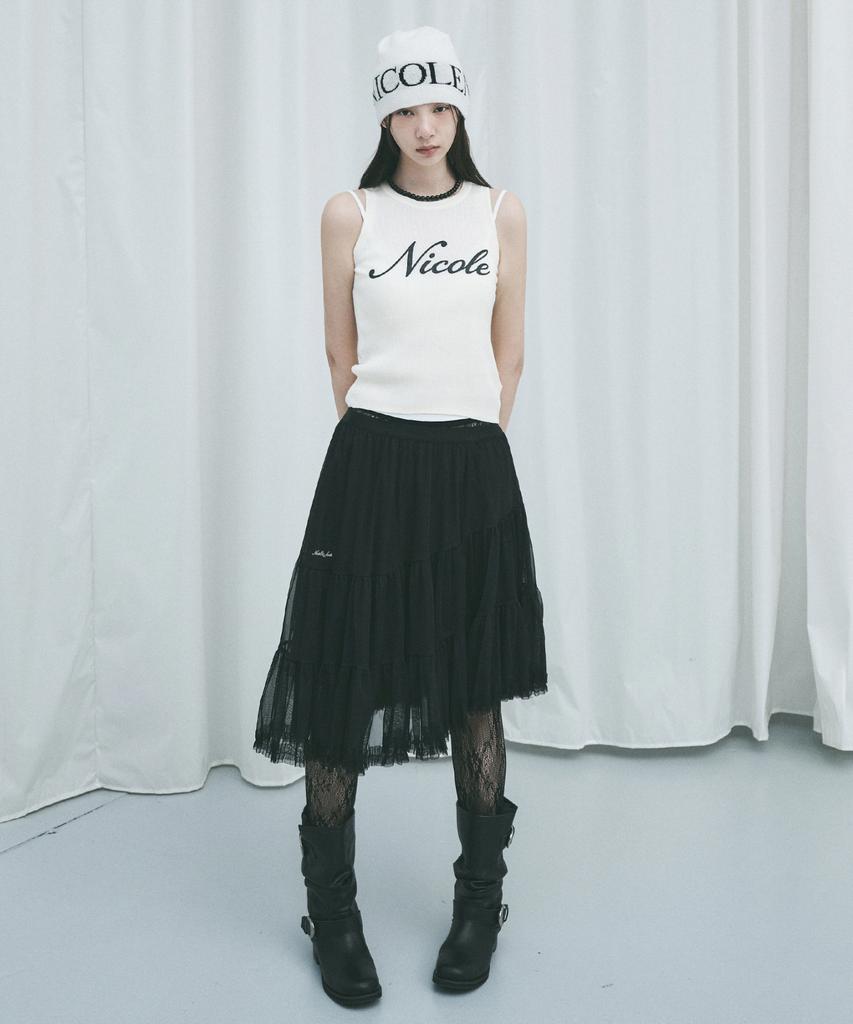 Nigaennikol Tiered Sheer Long Skirt_Black