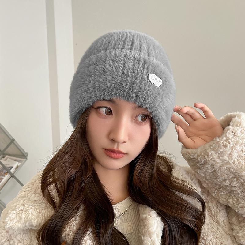 Knitted Wool Hat Children's Autumn and Winter Versatile Face Small Thickened Warm Fluffy Cold Hat Windproof Bag Head Plush Hat