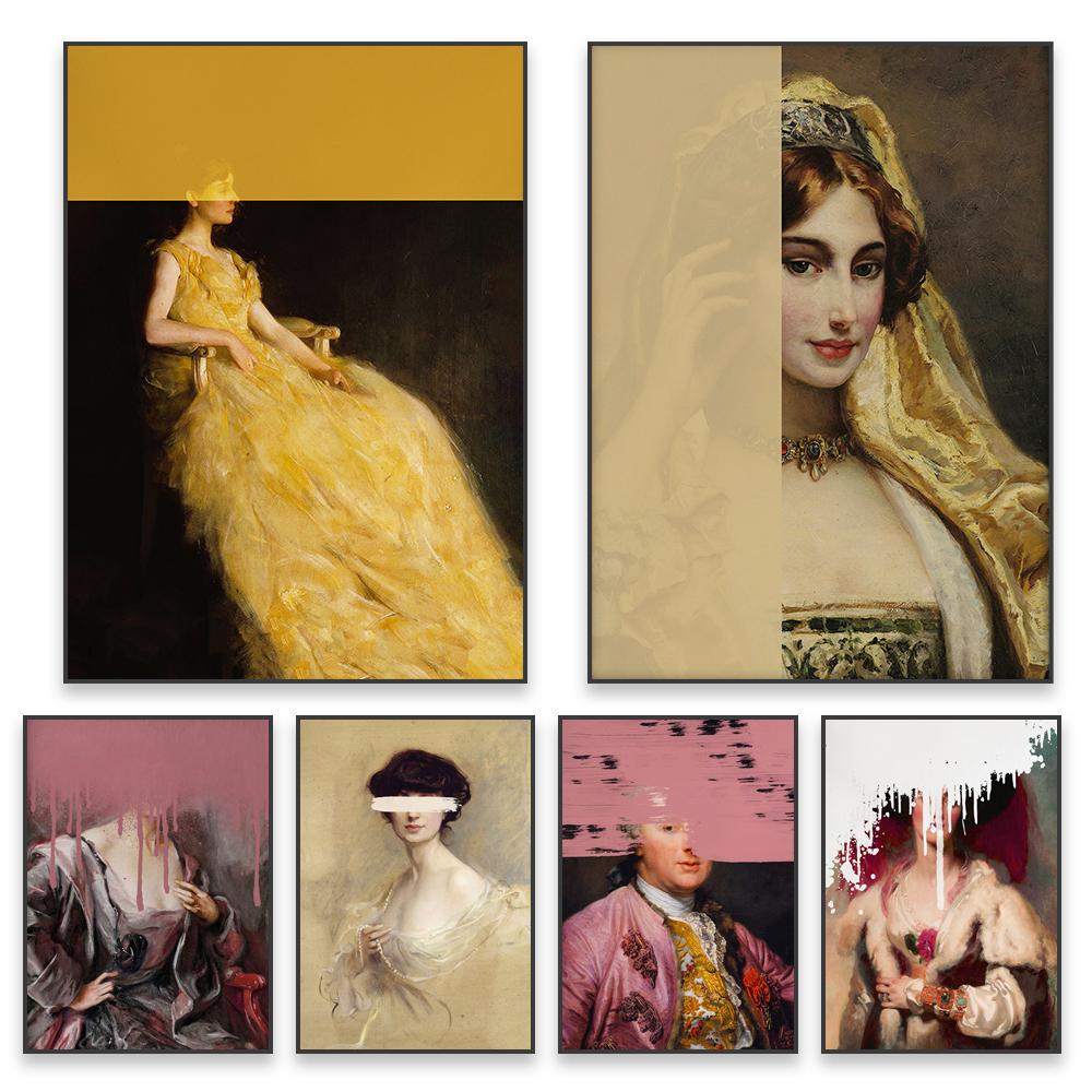 Altered Art Vintage Woman Portrait Oil Painting Canvas Prints Retro Eclectic Wall Art Poster Bedroom Wall Canvas Painting Decor