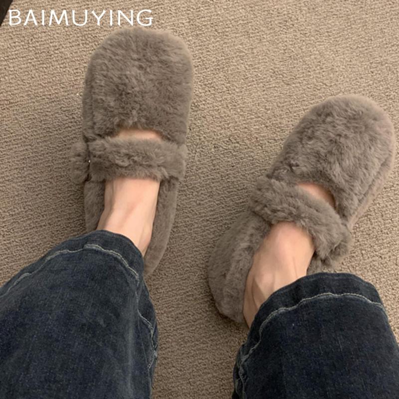 Winter Flats Women Shallow Loafers Shoes Designer Short Plush Buckle Casual Shoes 2025 Trend Walking Warm Cozy Chaussures Femme