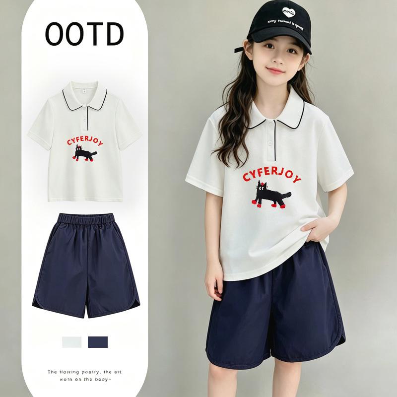 Korean Style Girls' Cotton Polo Shirt Set - Summer Lapel Short Sleeve T-Shirt for Ages 6-12