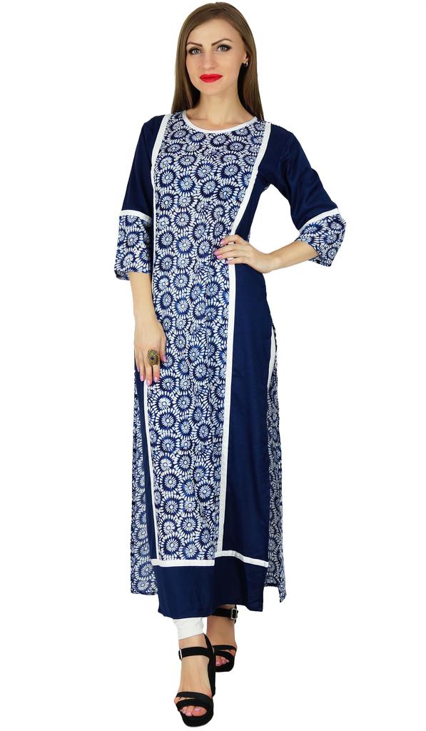 Bimba Women Blue Rayon Long Straight Kurta Pannel Kurti Formal Ethnic Blouse