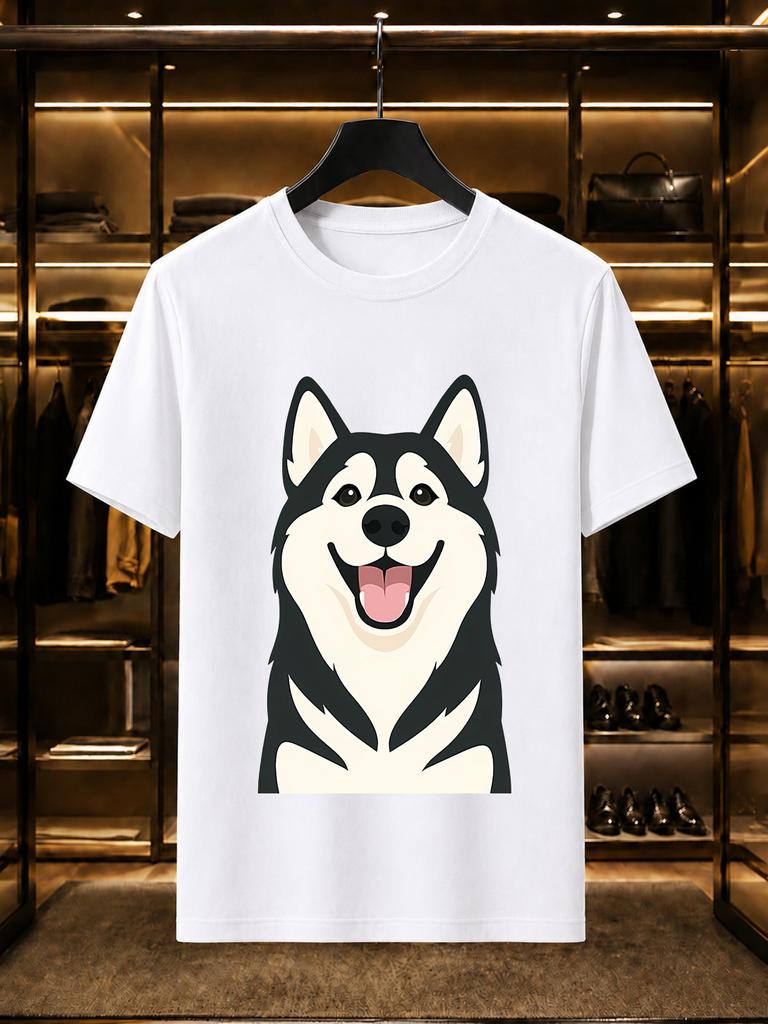 2026 New 100 Cotton Tshirt Happy Smiling Husky Pet Dog Illustration Graphic Tees Fashion Short Sleeve