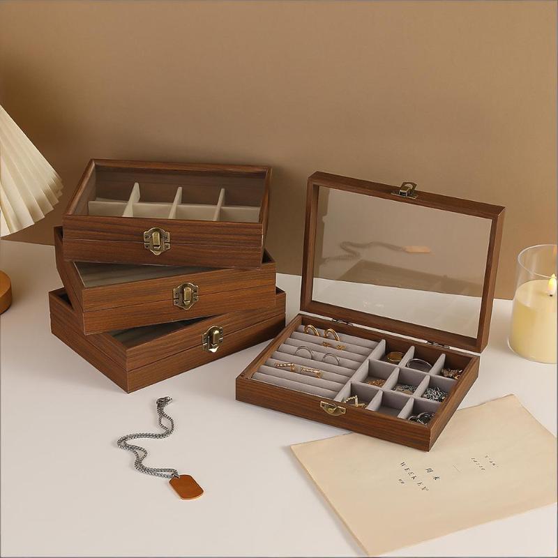 Retro Valnøddetræ Farve Smykkeboks Med Låg Støvtæt Ring Ørering Armbånd Organizer Der Separation Smykkeboks