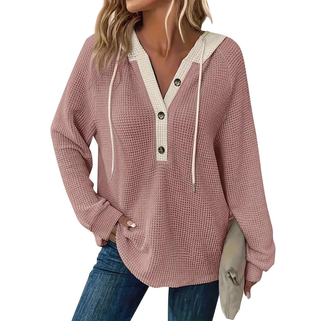 Damska bluza z długim rękawem i ściągaczem w blokach kolorów, z kapturem i guzikami, z dekoltem w serek, w swobodnym stylu