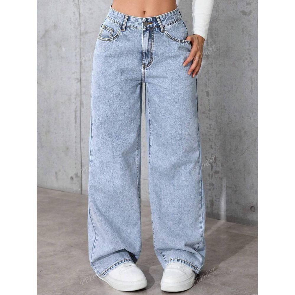 High-waisted Wide-leg Loose Stretch Straight Jeans for Women, Summer Style Loose Fit High-waisted Jeans Light Blue Cotton Casual Denim Pants
