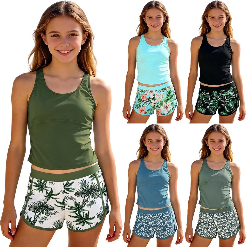 Girls Two Piece Swimsuit Tankini Top and Floral Print Swim Shorts Set Lightweight Quick Dry Fabric Comfortable Fit