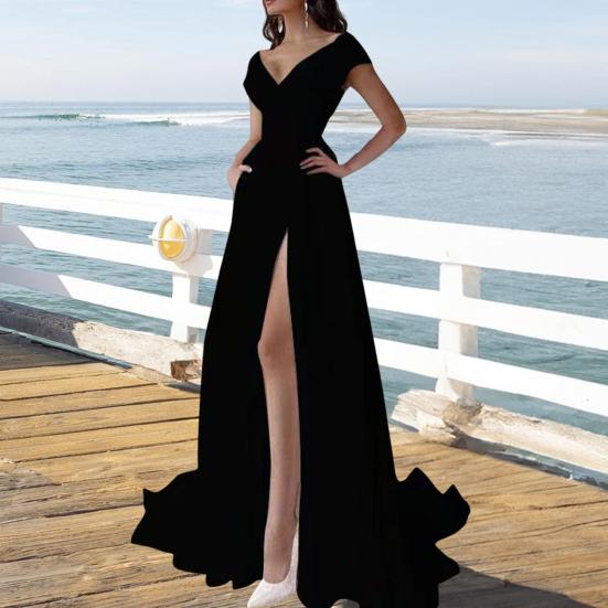 Rochie Maxi Sexy cu Umeri Goi și Despicătură Înaltă pentru Femei, Rochie Lungă de Bal cu Decolteu în V, Rochie Formală de Cocktail, Rochie de Seară cu Trenă