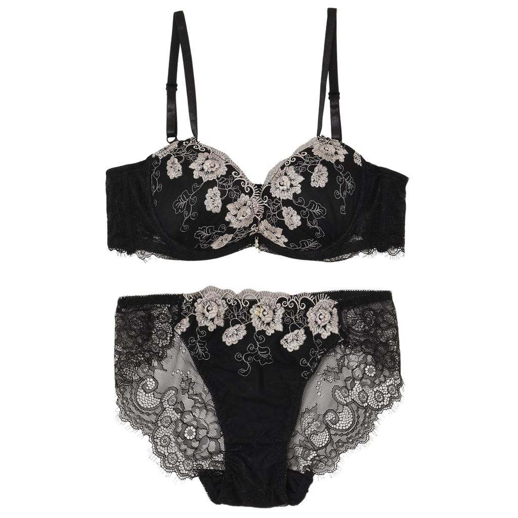 RAVIR Underwear Bra and Panty Eyelash Classic C75 Women's Set, Lace, See-Through, Embroidered, Black, (Panties L)
