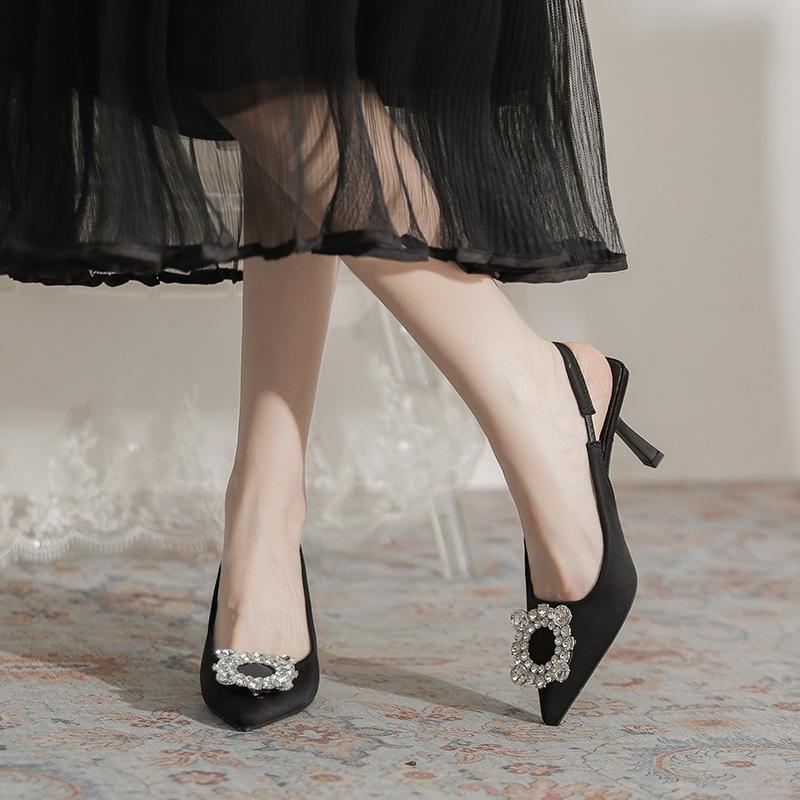 French Rear Strap Black Pointed High Heels Rhinestone Square Buckle Summer New Thin Heel Niche with Skirt Sandals Women