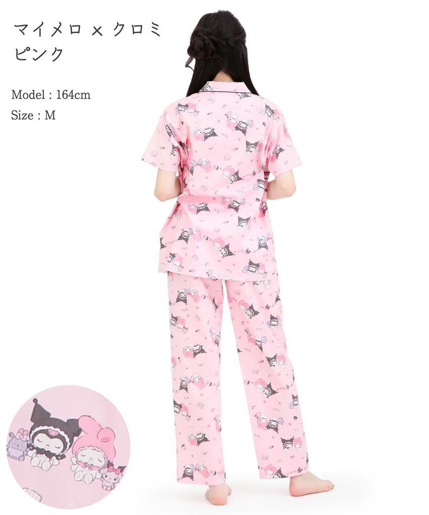 SAZAC Angel My Melody x Kuromi Shirt Cotton Short Sleeve and Long Pants Loungewear Pajamas, 100% Broadcloth, Women's Set, (Pink/M/SAN1947)