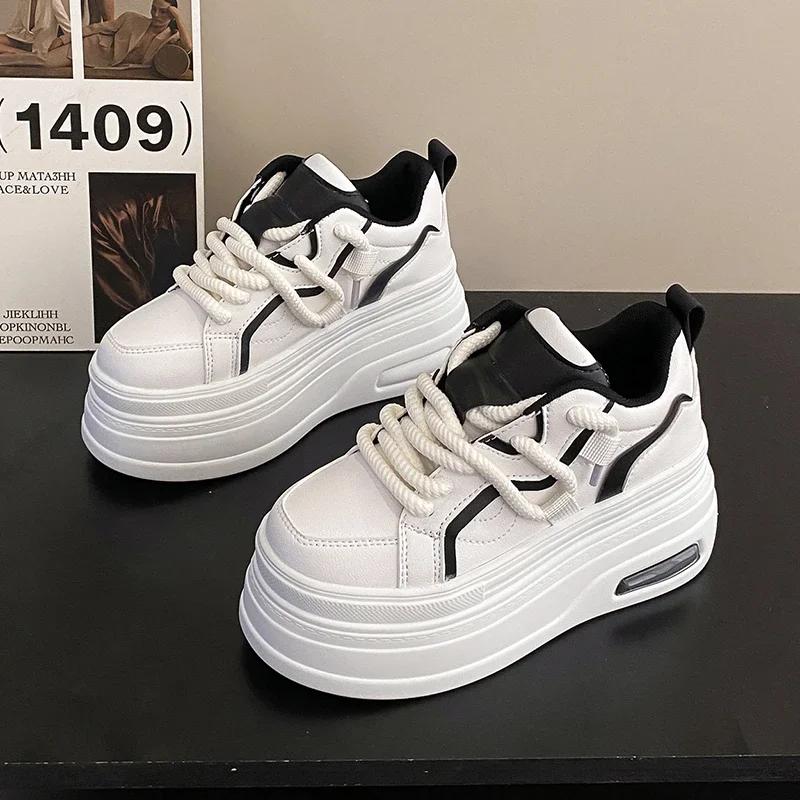 Fashion New Chic Platform Sneakers for Womens Leather Lace-up Comfort 8CM Thick Bottom Sport Shoe Small White Vulcanize Shoes