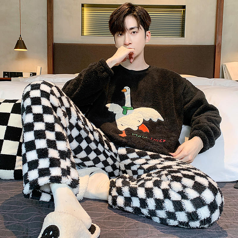 Thick Flannel Men's Pajamas Set Autumn Winter Plus Velvet Thicken Long Sleeves Sleepwear Pjs Nightwear Warm Lounge Wear Set
