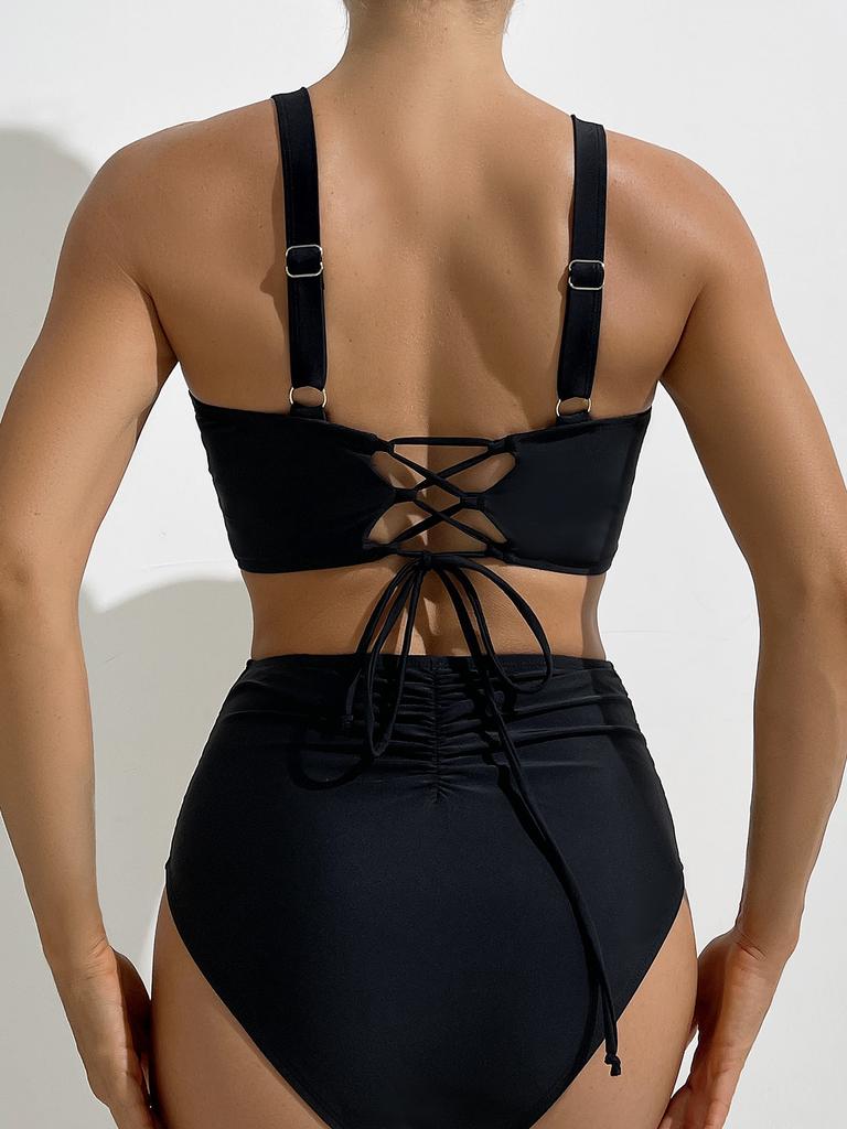 Solid Ruched High Waist Sexy Bikini Set Elegant Slimming Two Piece Swimwear