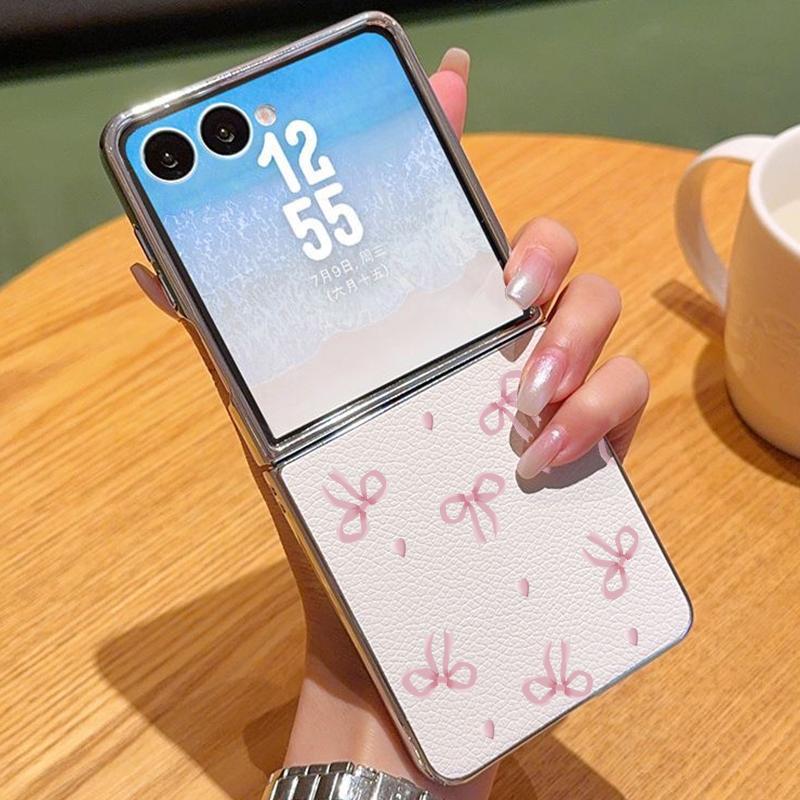 Pink Bowknot Print PU Leather Phone Case For Samsung Galaxy Z Flip7 FE Flip6 Flip 7 6 5 5G Silver Plating Frame Hard Back Cover