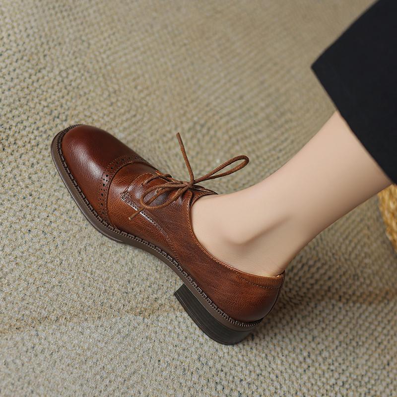 Fashion 2024 New Pumps Oxfords Spring Shoes for Woman Genuine Leather Brogues Vintage Lace Up Loafers Casual Handmade Black Ladies Shoes