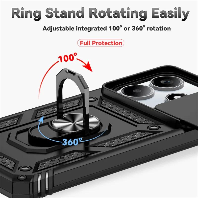 Capa For Xiaomi Redmi Note 14 5G Case Armor Slide Camera Lens Protector Back Cover for Redmy Note14 Shockproof Ring Stand Funda