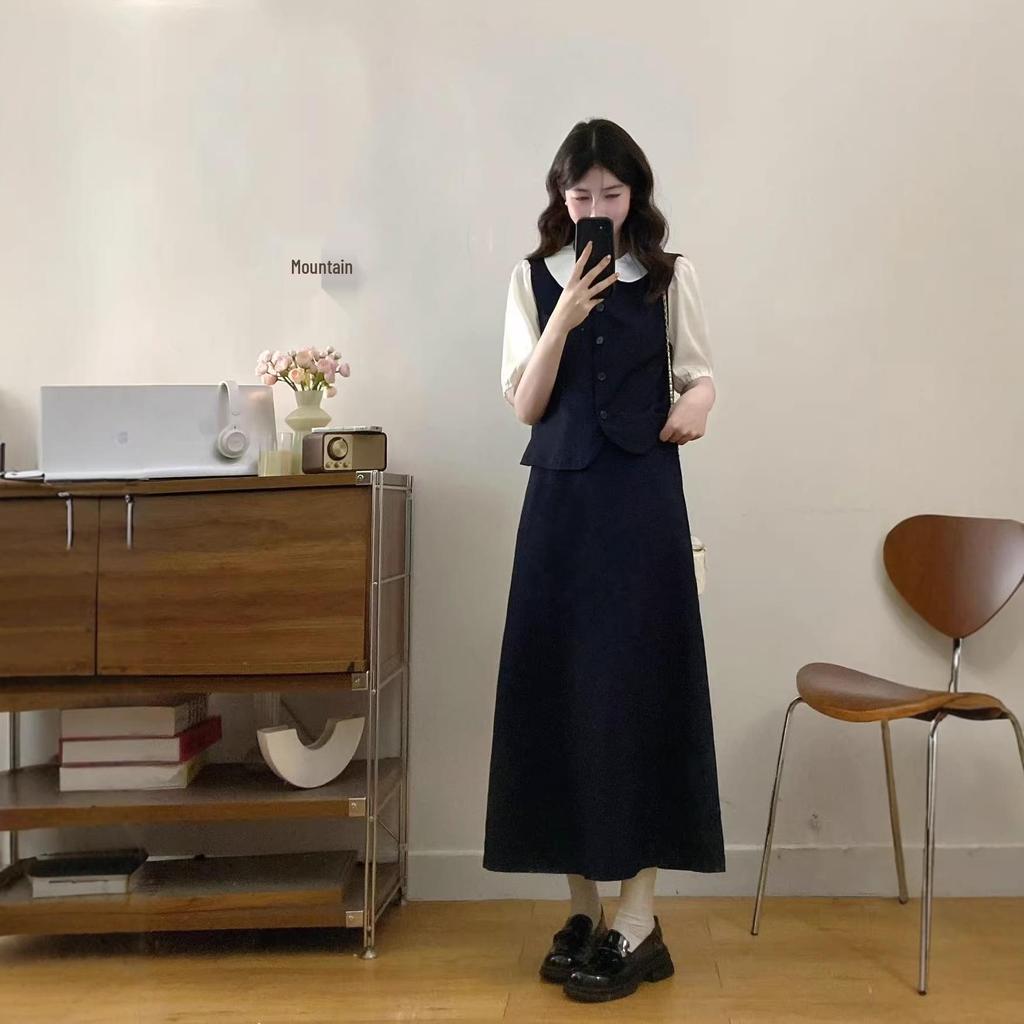 2026 Summer College-Style Doll Collar Two-Piece Top with Elastic Waist Skirt (Long/Short)