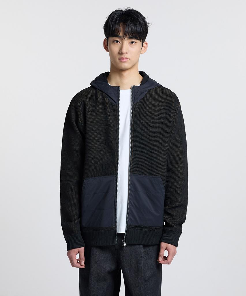 Stco Nylon Contrast Zip-Up Hoodie Knit_Black (Semi-Oversized Fit)_Swiwa04Nsb