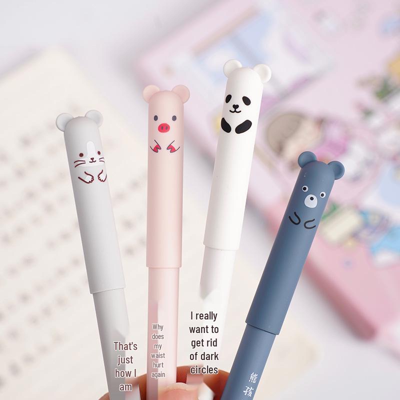 Mo Yi Cute Bear Erasable Gel Pen, 0.5mm Needle Tip, Crystal Blue, Cartoon Design, for Students - In Stock