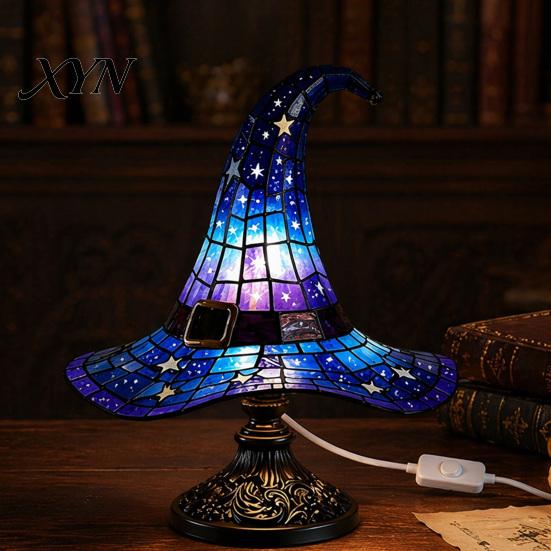 Halloween Decoration Lamp Witch Hat Table Lamp, USB Powered LED Bedside Light, Resin Gothic Night Light for Bedroom, Living Room, Shelf Decor