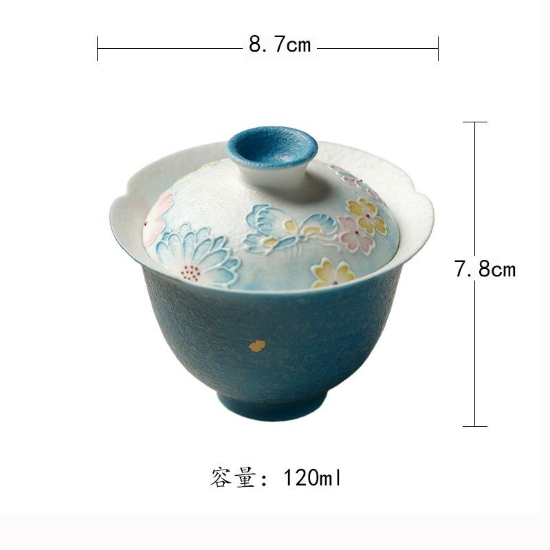 

120ml Blue Hand-painted Floral Gaiwan Ancient Tea Tureen Tea Bowl With Lid Kit Tea Maker Cover Bowl Cafes Supplies Collection